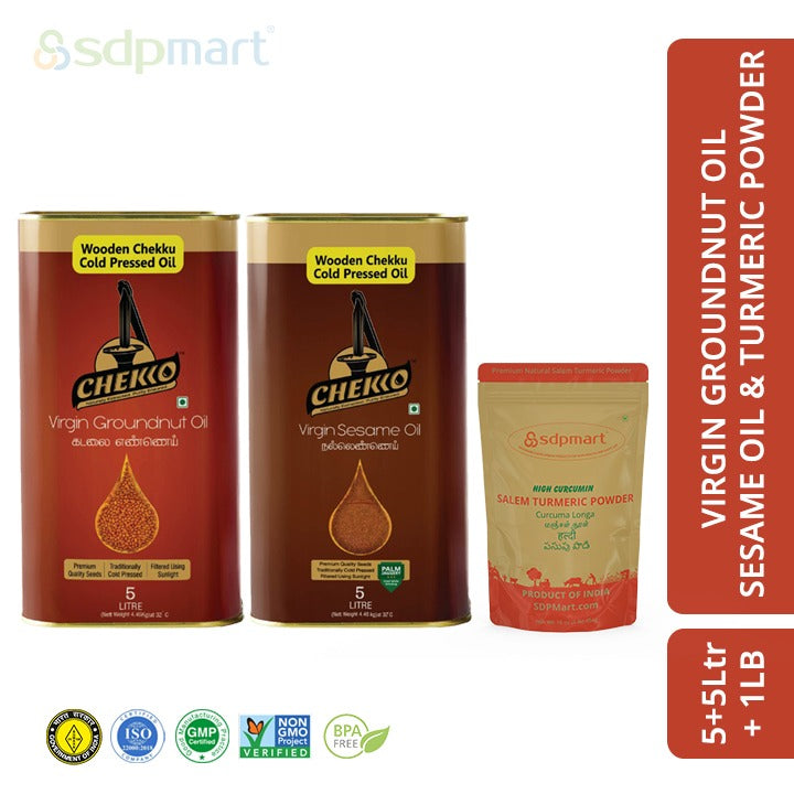 10 LITER COMBO PACK | COLD PRESSED VIRGIN SESAME OIL,  PEANUT OIL & TURMERIC POWDER